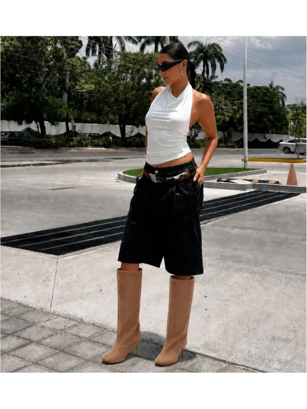 Women's Nude Faux Suede comfort Square Toe Kitten Heel Pull On Knee High Boots